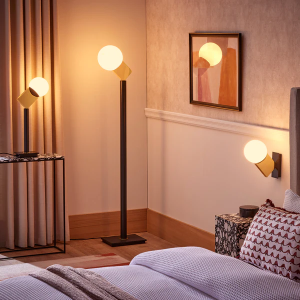 Northern Light - Faro Table Lamp - Black Grey Polished Brass Finish - Matt Opal Glass Globe Ø150mm Shade