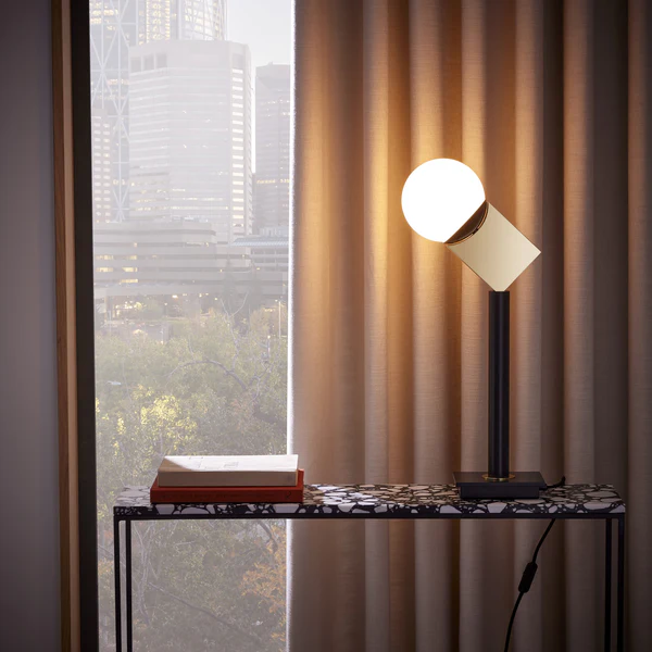 Northern Light - Faro Table Lamp - Black Grey Polished Brass Finish - Matt Opal Glass Globe Ø150mm Shade