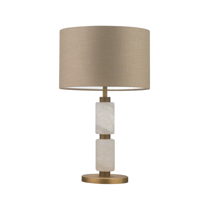 Northern Light - Mora Table Lamp Medium - White Alabaster Old English Brass Light Finish - 10" Short Drum Flint Shade