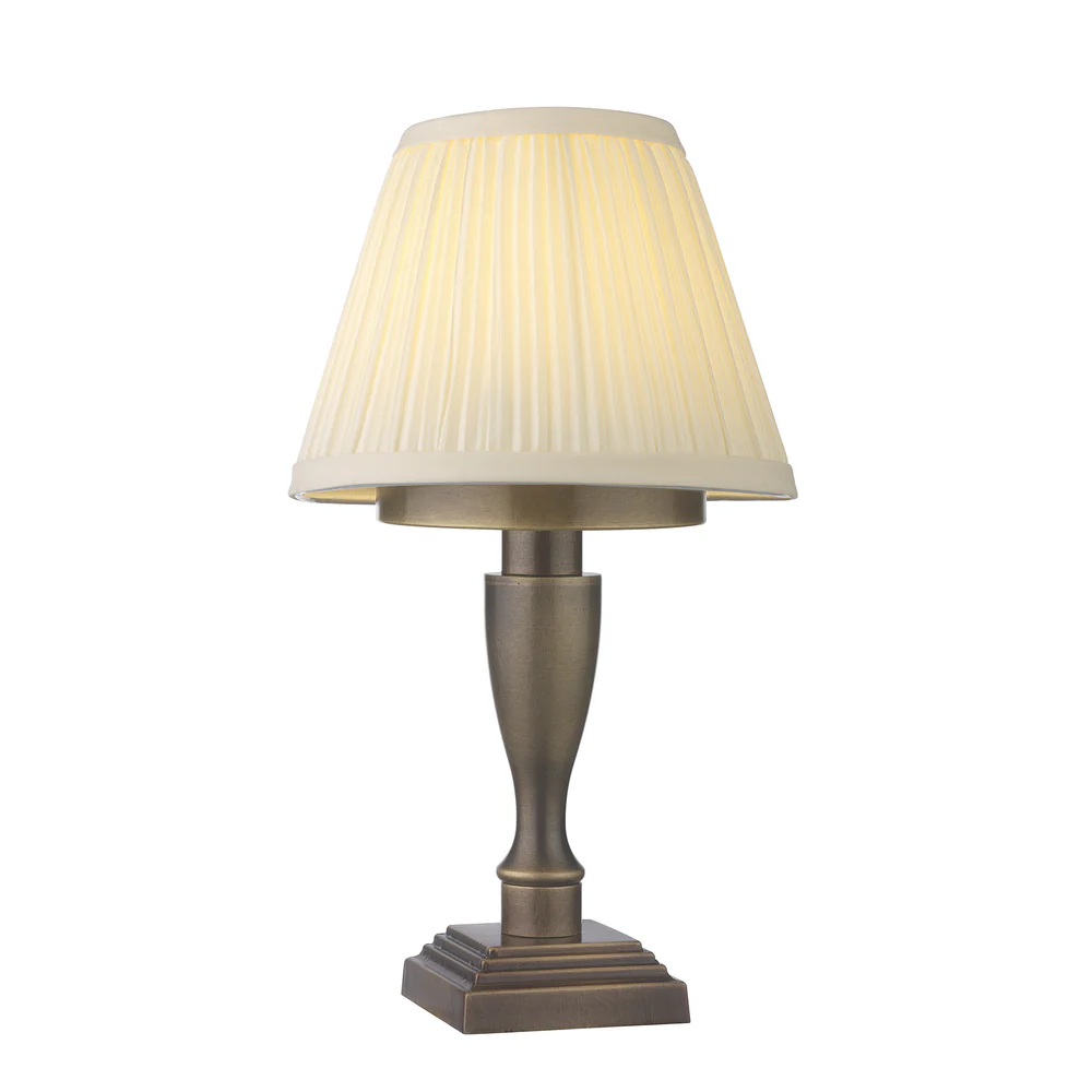 Northern Light - Hebe Rechargeable Table Lamp - Old English Brass Light Finish - 7" Pleated Empire Ivory Cotton Shade