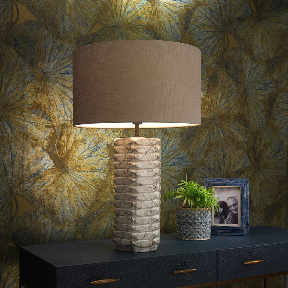 Northern Light - Balfron Table Lamp - Ammonite Reactive Glaze Rich Bronze Finish - 18" Short Drum Zinc Shade