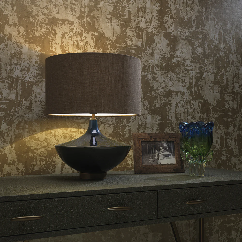 Northern Light - Boyd Table Lamp - Midnight Teal Reactive Glaze Rich Bronze Finish - 16" Short Drum Tussah Cocoa Shade