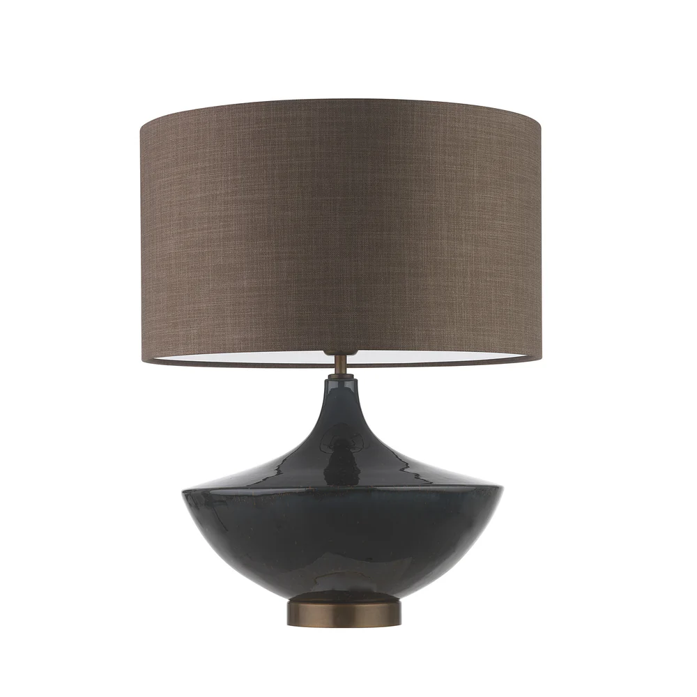 Northern Light - Boyd Table Lamp - Midnight Teal Reactive Glaze Rich Bronze Finish - 16" Short Drum Tussah Cocoa Shade