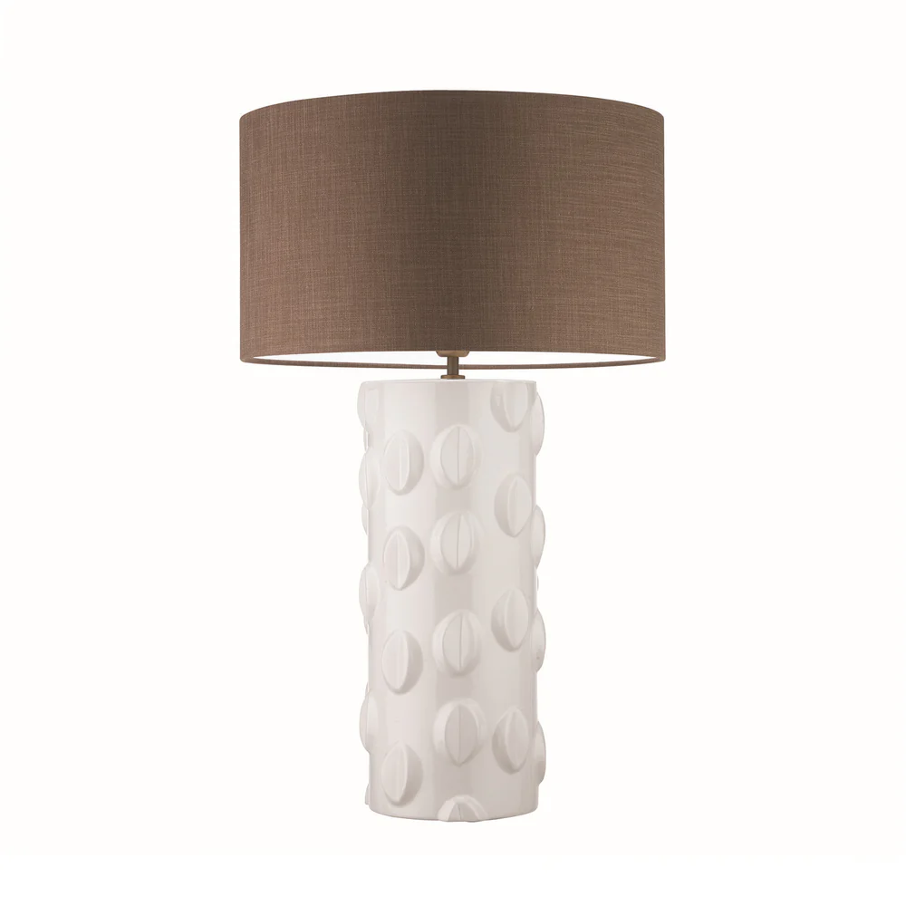 Northern Light - Tuvalu Table Lamp - Ivory Reactive Glaze Georgian Brass Finish - 20" Short Drum Tussah Walnut Shade