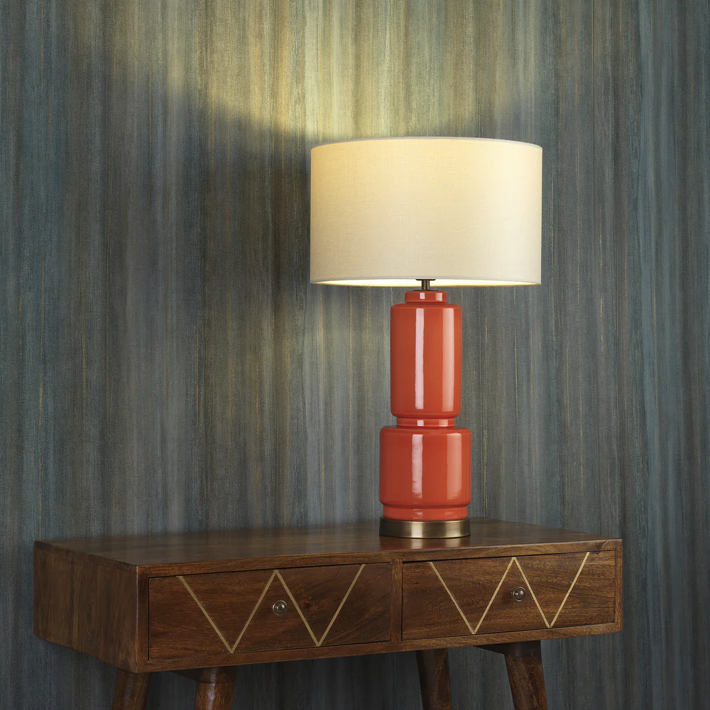 Northern Light - Allende Table Lamp - Warm Coral Ceramic Old English Brass Light Finish - 14" Short Drum Snowdrift Shade