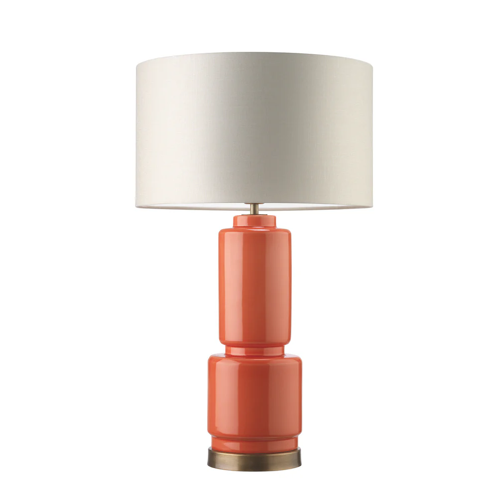 Northern Light - Allende Table Lamp - Warm Coral Ceramic Old English Brass Light Finish - 14" Short Drum Snowdrift Shade