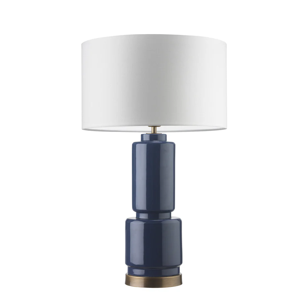 Northern Light - Allende Table Lamp - Prussian Blue Ceramic Old English Brass Light Finish - 14" Short Drum Pearl Grey Shade