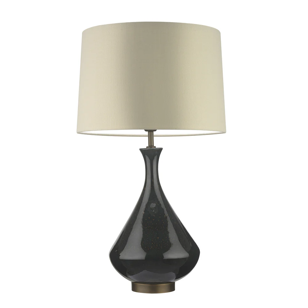 Northern Light - Teba Table Lamp - Midnight Teal Reactive Glaze Rich Bronze Finish - 16" Soho Drum Saxon Ivory Linen Shade