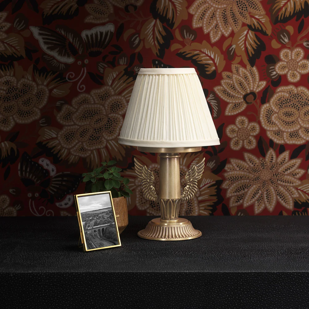 Northern Light - Icarus Rechargeable Table Lamp - Old English Brass Light Finish - 6" Pleated Empire Ivory Cotton Shade