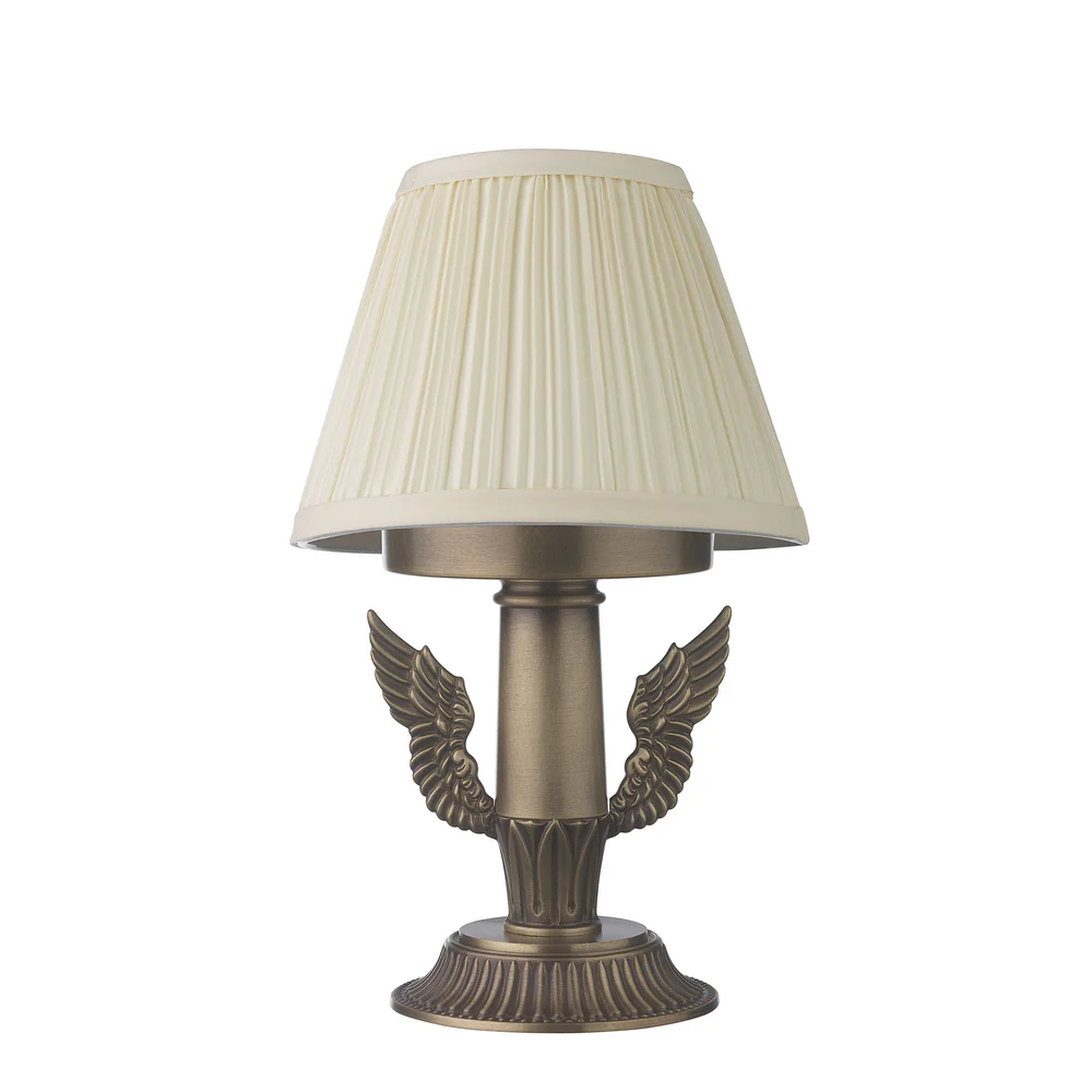 Northern Light - Icarus Rechargeable Table Lamp - Old English Brass Light Finish - 6" Pleated Empire Ivory Cotton Shade