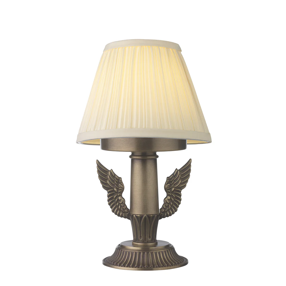 Northern Light - Icarus Rechargeable Table Lamp - Old English Brass Light Finish - 6" Pleated Empire Ivory Cotton Shade