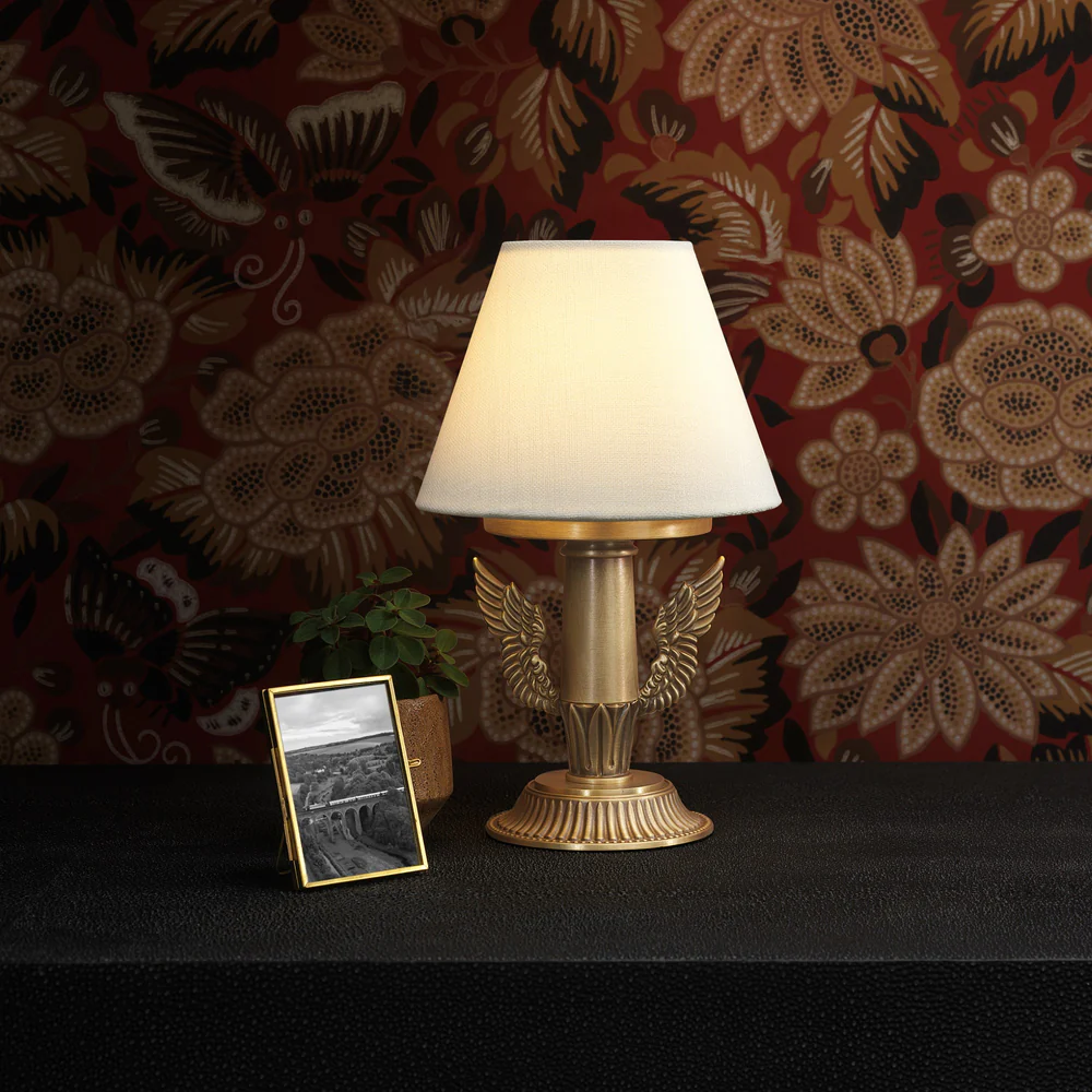 Northern Light - Icarus Rechargeable Table Lamp - Old English Brass Light Finish - 6" Rolled Edge Empire Snowdrift Shade
