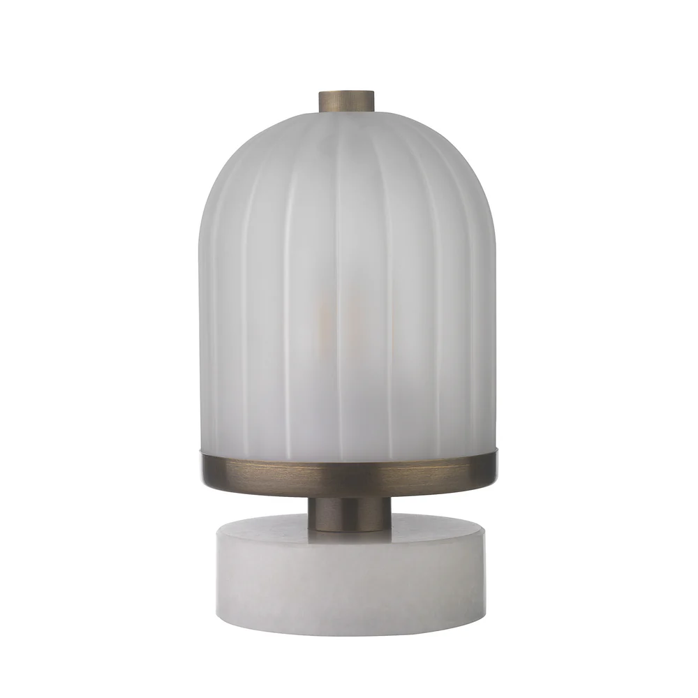 Northern Light - Bradbury Rechargeable Table Lamp - Old English Brass Light Finish - Frosted Reeded Glass Dome Shade