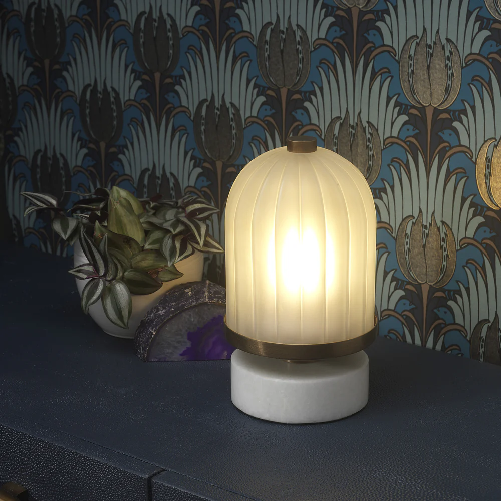 Northern Light - Bradbury Rechargeable Table Lamp - Old English Brass Light Finish - Frosted Reeded Glass Dome Shade