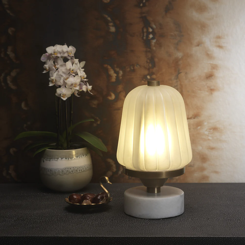 Northern Light - Balfour Rechargeable Table Lamp - Old English Brass Light Finish - Frosted Reeded Glass Shade
