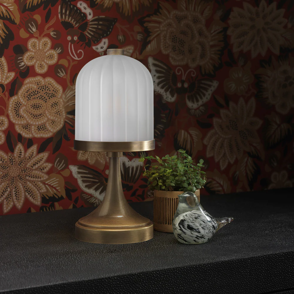 Northern Light - Calloway Rechargeable Table Lamp - Old English Brass Light Finish - Frosted reeded glass dome Shade