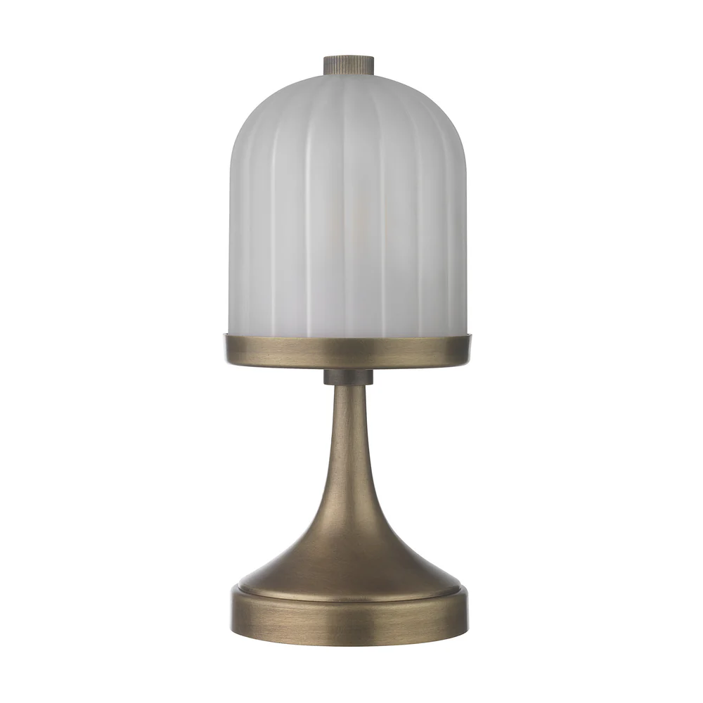 Northern Light - Calloway Rechargeable Table Lamp - Old English Brass Light Finish - Frosted reeded glass dome Shade
