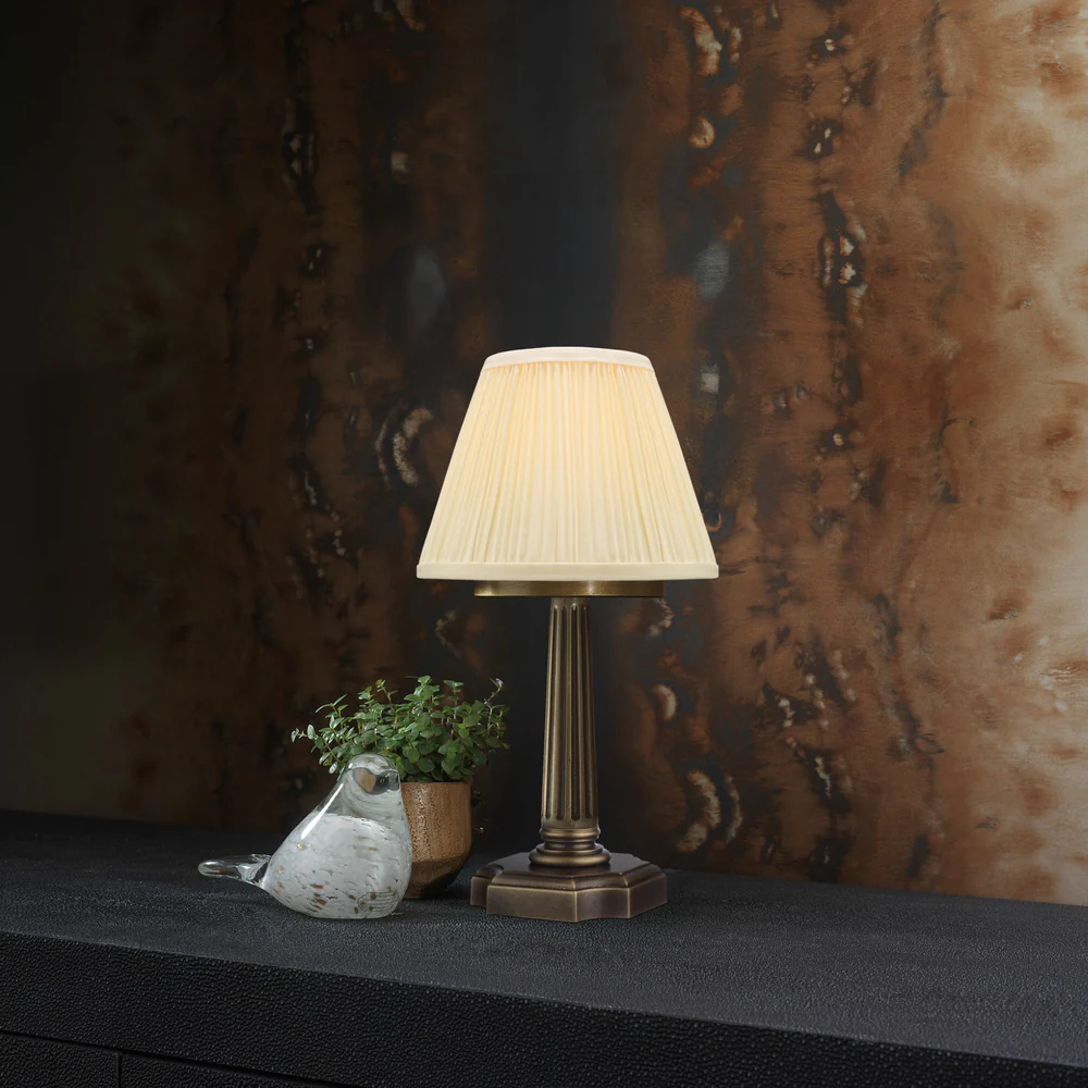 Northern Light - Burghley Rechargeable Table Lamp - Old English Brass Dark Finish - 7" Pleated Empire Ivory Cotton Shade