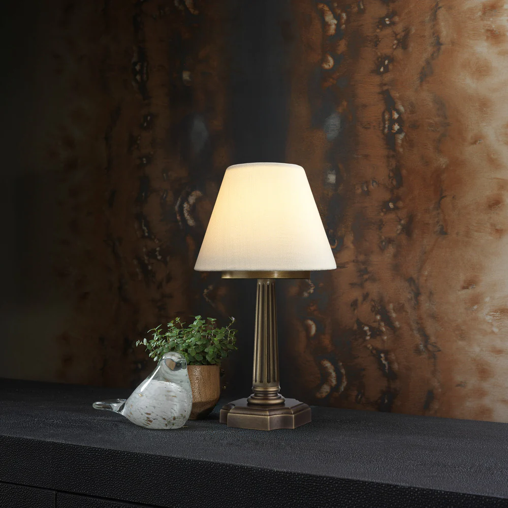 Northern Light - Burghley Rechargeable Table Lamp - Old English Brass Dark Finish - 6" Rolled Edge Empire Snowdrift Shade