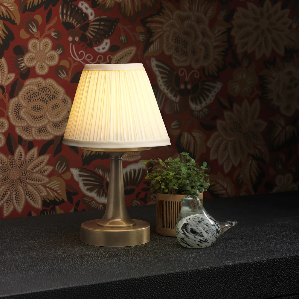 Northern Light - Naiad Rechargeable Table Lamp - Old English Brass Light Finish - 6" Pleated Empire Ivory Cotton Shade