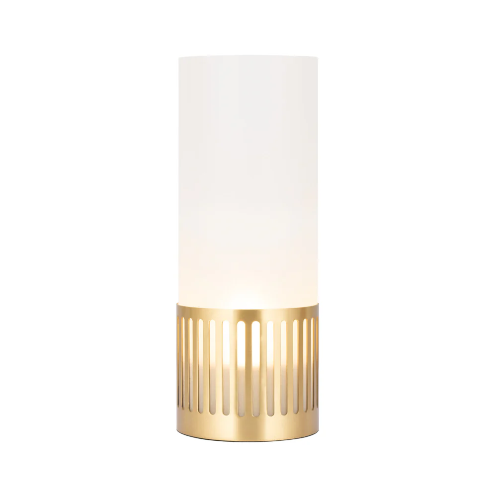 Northern Light - Luzon Channel Rechargeable Table Lamp - Brushed Brass Finish - Frosted Glass Cylinder Shade