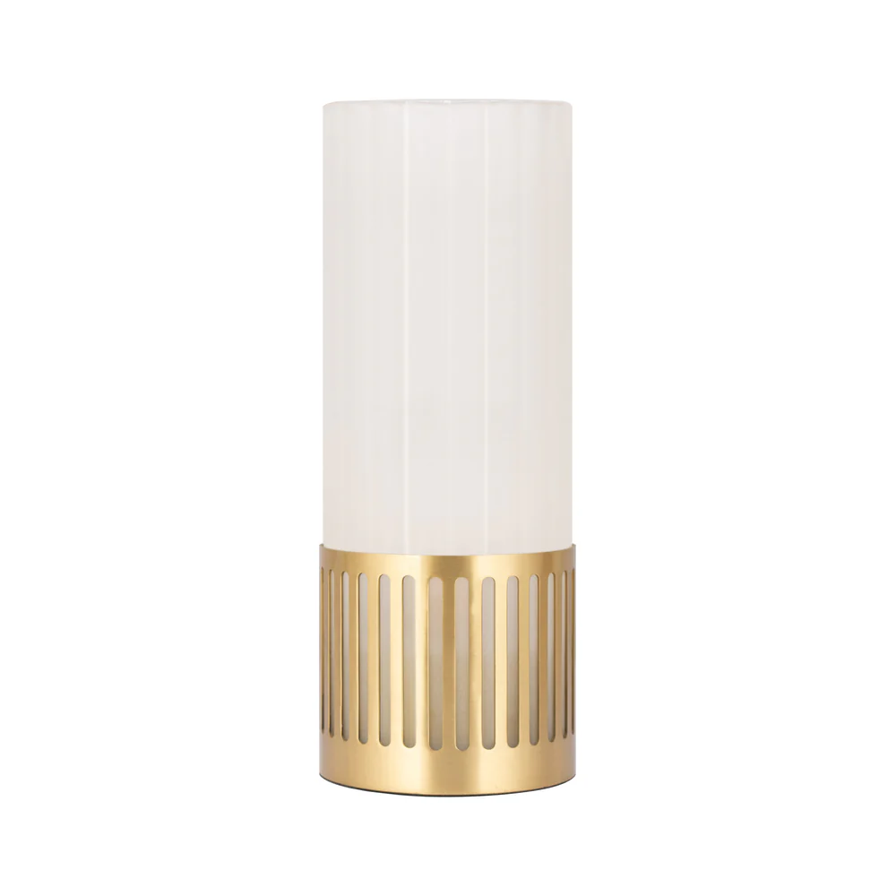 Northern Light - Luzon Channel Rechargeable Table Lamp - Brushed Brass Finish - Frosted Reeded Glass Cylinder Shade
