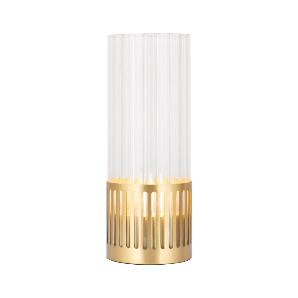 Northern Light - Luzon Channel Rechargeable Table Lamp - Brushed Brass Finish - Clear Reeded Glass Cylinder Shade