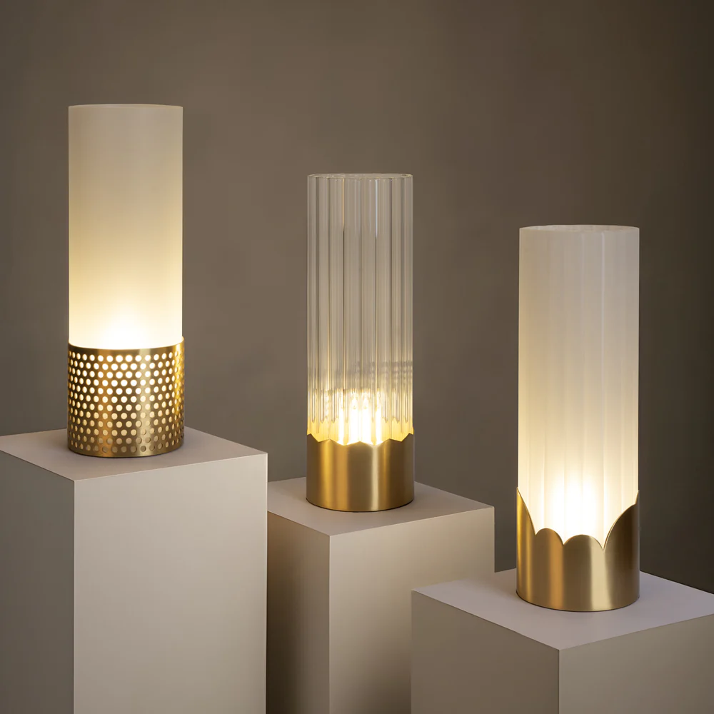 Northern Light - Luzon Cove Rechargeable Table Lamp - Brushed Brass Finish - Frosted Glass Cylinder Shade