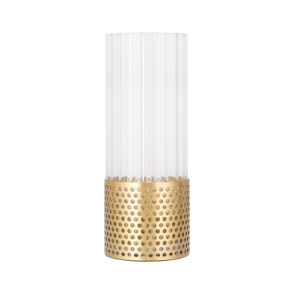 Northern Light - Luzon Cove Rechargeable Table Lamp - Brushed Brass Finish - Clear Reeded Glass Cylinder Shade