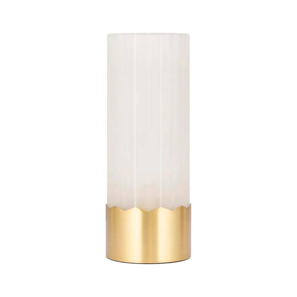 Northern Light - Luzon Peaks Rechargeable Table Lamp - Brushed Brass Finish - Frosted Reeded Glass Cylinder Shade