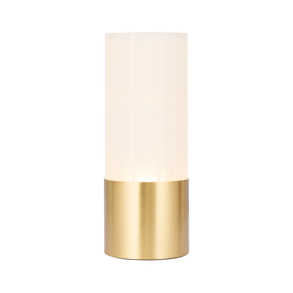 Northern Light - Luzon Plains Rechargeable Table Lamp - Brushed Brass Finish - Frosted Reeded Glass Cylinder Shade