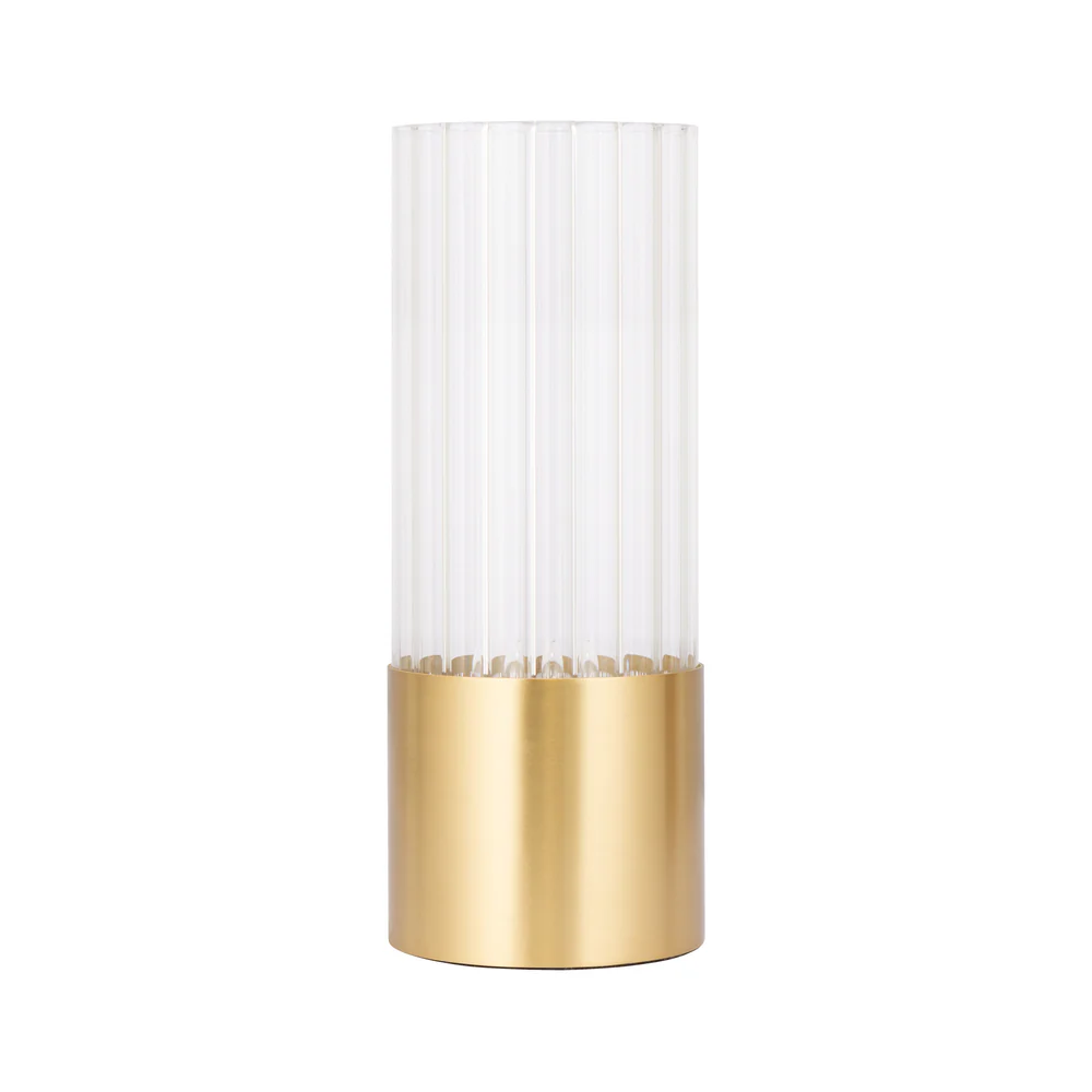 Northern Light - Luzon Plains Rechargeable Table Lamp - Brushed Brass Finish - Clear Reeded Glass Cylinder Shade