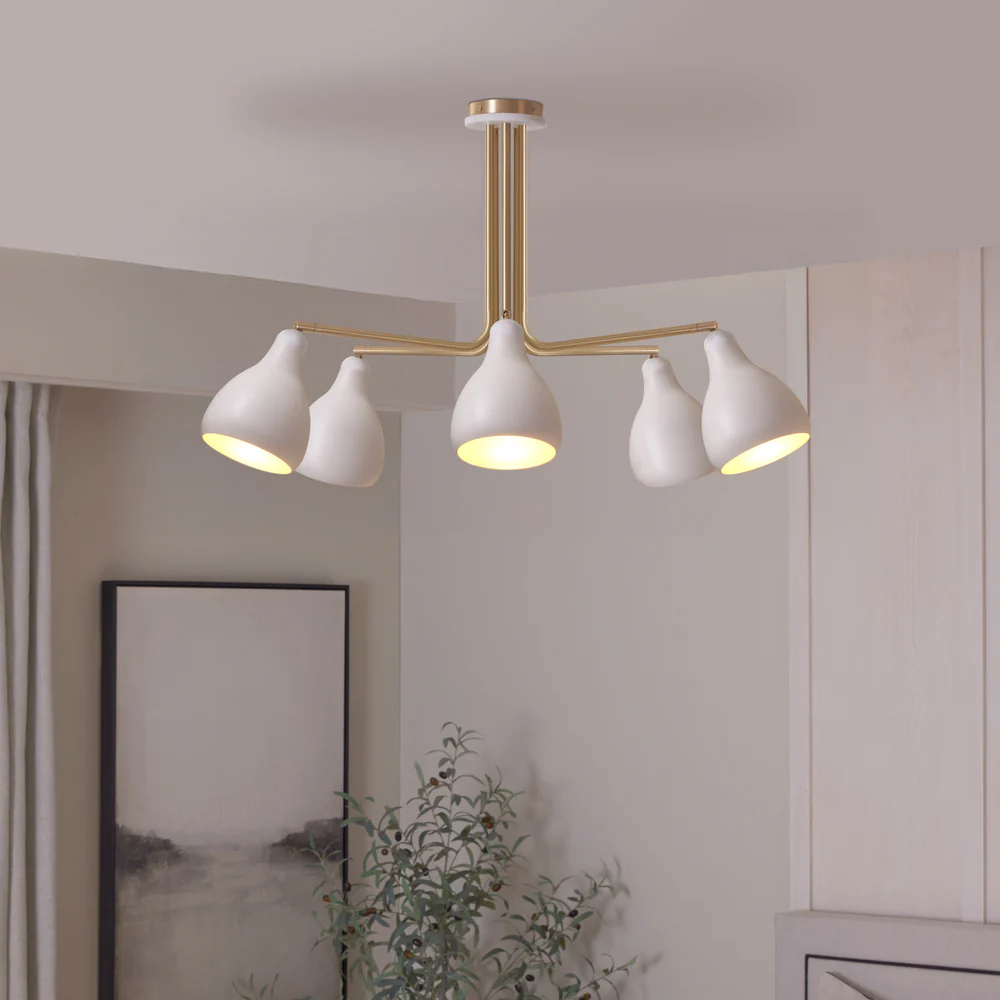 Northern Light - Dumas 5 arm Chandelier Ceiling Lights - Brushed Brass White White Gold Finish