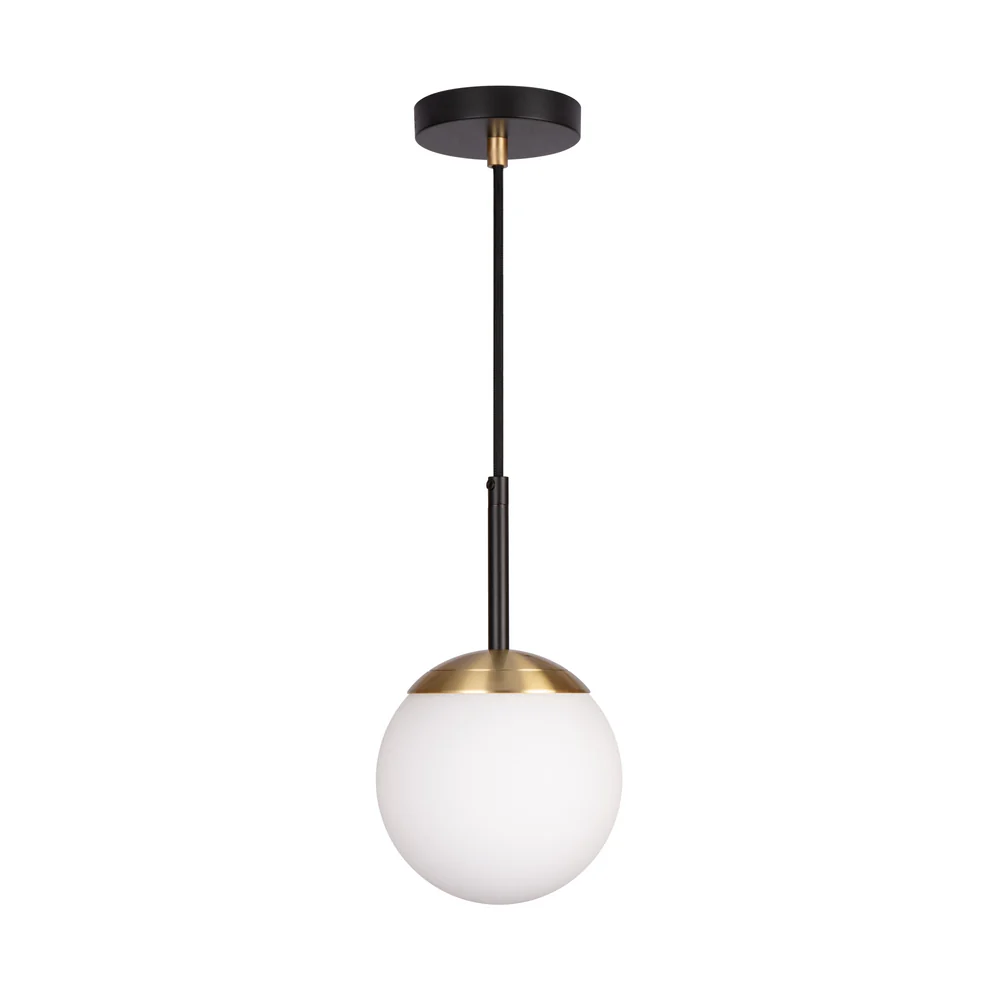 Northern Light - IO Single Pendant Small Ceiling Lights - Brushed Brass Matt Black Finish - Matt Opal Glass Globe Ø150mm Shade