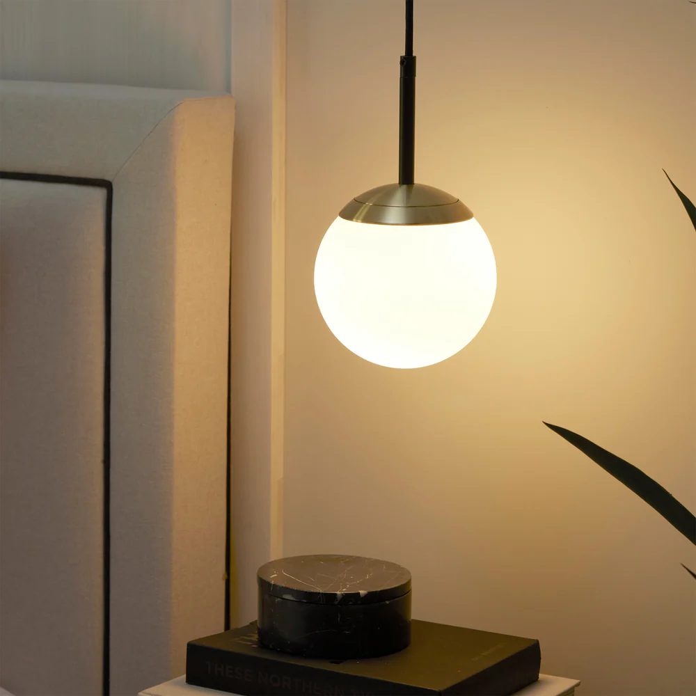 Northern Light - IO Single Pendant Small Ceiling Lights - Brushed Brass Matt Black Finish - Matt Opal Glass Globe Ø150mm Shade