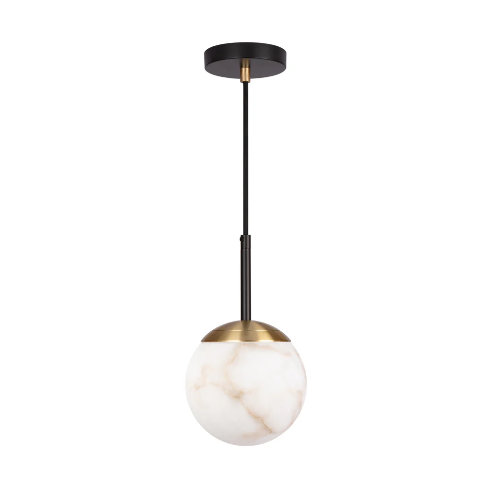 Northern Light - IO Single Pendant Small Ceiling Lights - Brushed Brass Matt Black Finish - White Alabaster Globe Ø150mm Shade