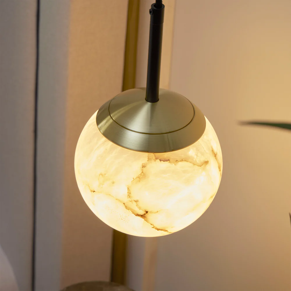 Northern Light - IO Single Pendant Small Ceiling Lights - Brushed Brass Matt Black Finish - White Alabaster Globe Ø150mm Shade