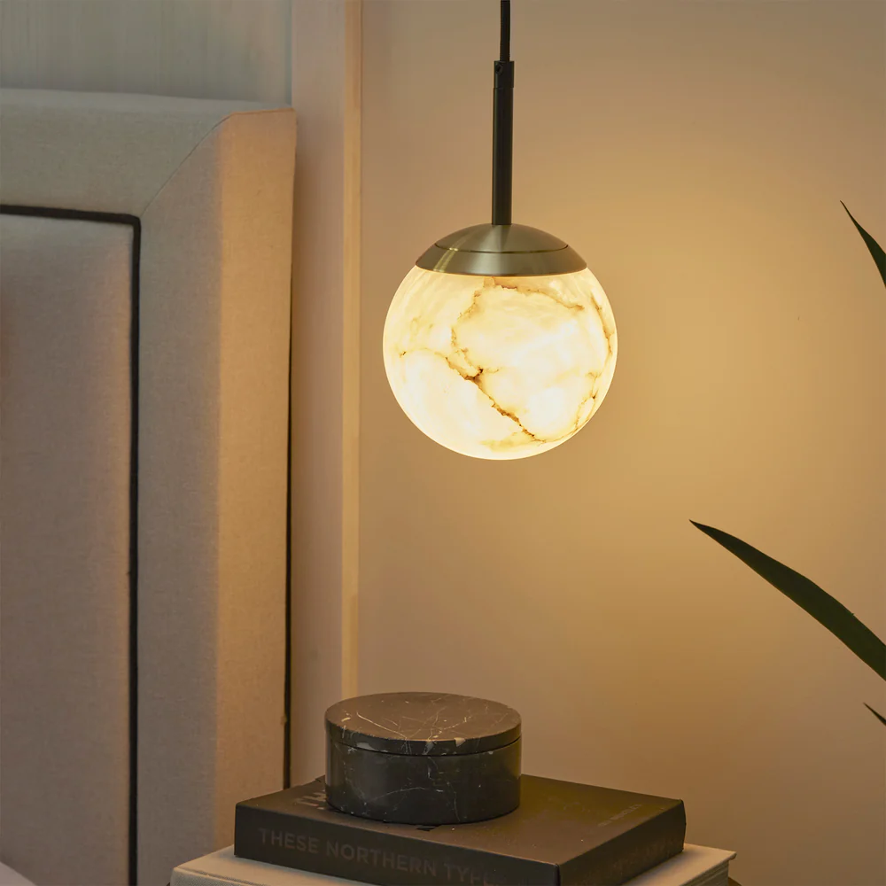 Northern Light - IO Single Pendant Small Ceiling Lights - Brushed Brass Matt Black Finish - White Alabaster Globe Ø150mm Shade