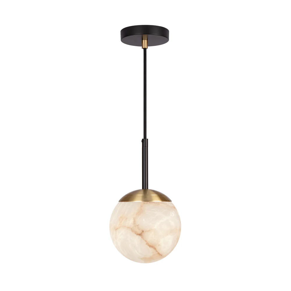Northern Light - IO Single Pendant Small Ceiling Lights - Brushed Brass Matt Black Finish - White Alabaster Globe Ø150mm Shade