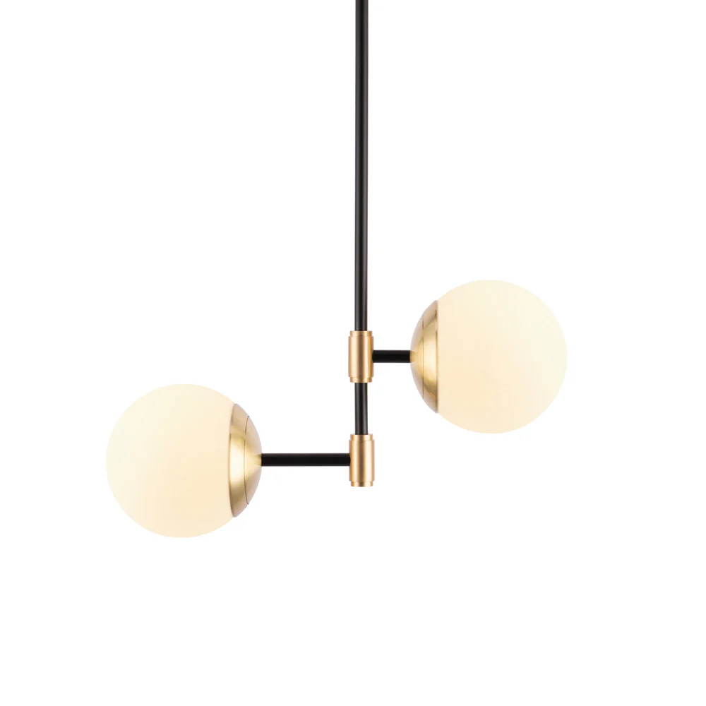 Northern Light - IO Twin Arm Pendant Ceiling Lights - Brushed Brass Matt Black Finish - Matt Opal Glass Globe Ø150mm Shade