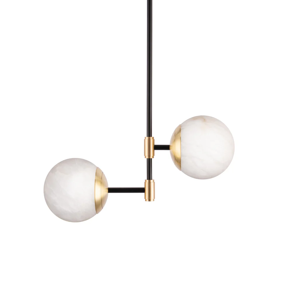 Northern Light - IO Twin Arm Pendant Ceiling Lights - Brushed Brass Matt Black Finish - White Alabaster Globe Ø150mm Shade