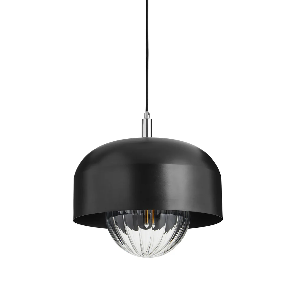 Northern Light - Bourbon Reeded Pendant Ceiling Lights - Polished Stainless Steel Matt Black Finish - Reeded Glass Globe Ø200 mm Shade