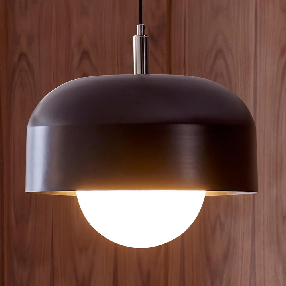 Northern Light - Bourbon Opal Pendant Ceiling Lights - Polished Stainless Steel Matt Black Finish - Matt Opal Glass Globe Ø200 mm Shade