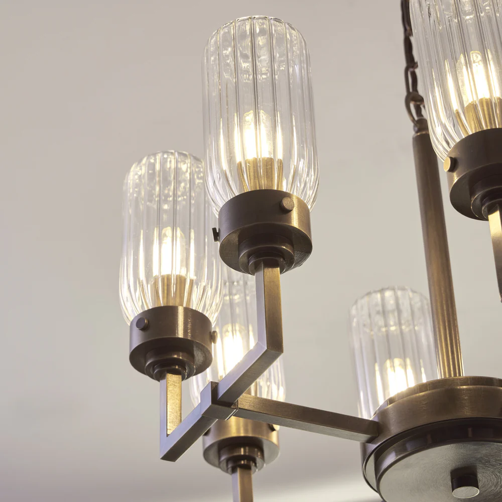 Northern Light - Solti 8 Arm Chandelier Ceiling Lights - Georgian Brass Finish - Clear Fluted Glass Shade