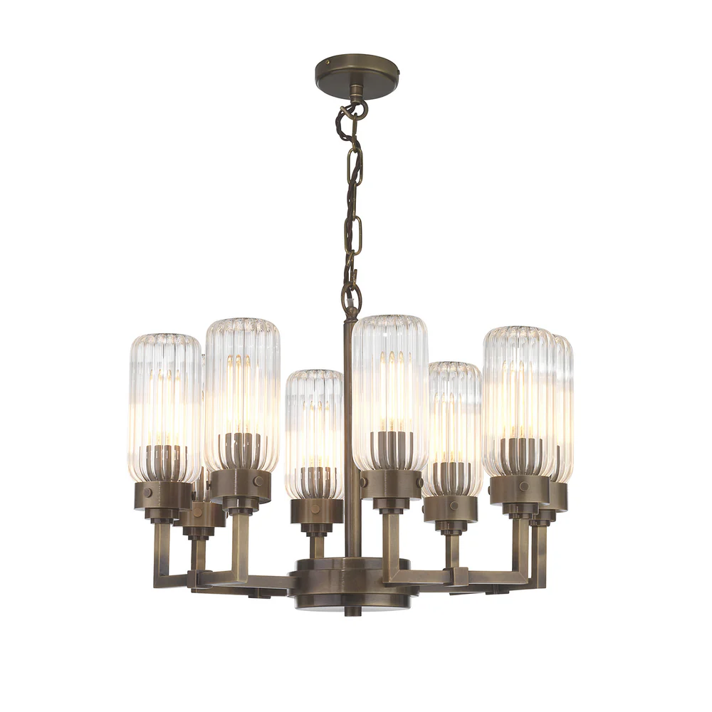 Northern Light - Solti 8 Arm Chandelier Ceiling Lights - Georgian Brass Finish - Clear Fluted Glass Shade