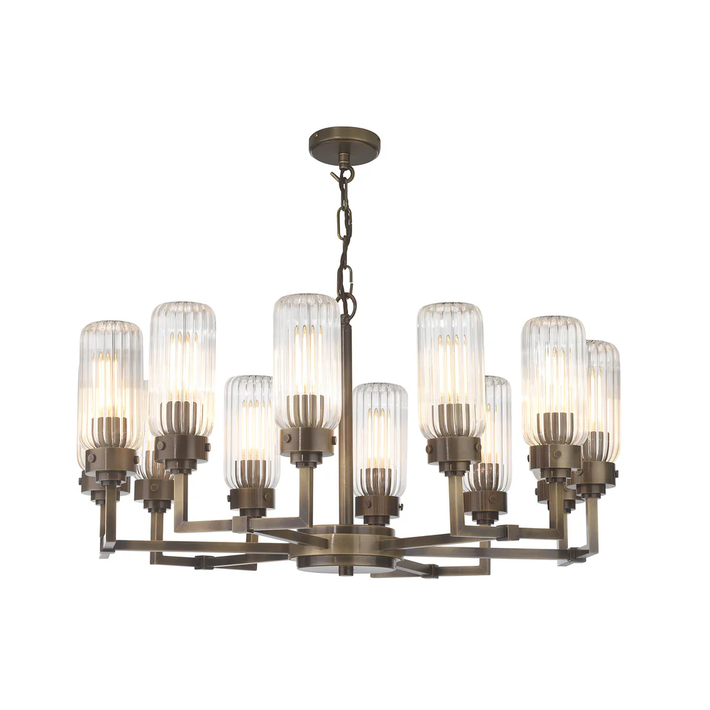 Northern Light - Solti 12 Arm Chandelier Ceiling Lights - Georgian Brass Finish - Clear Fluted Glass Shade