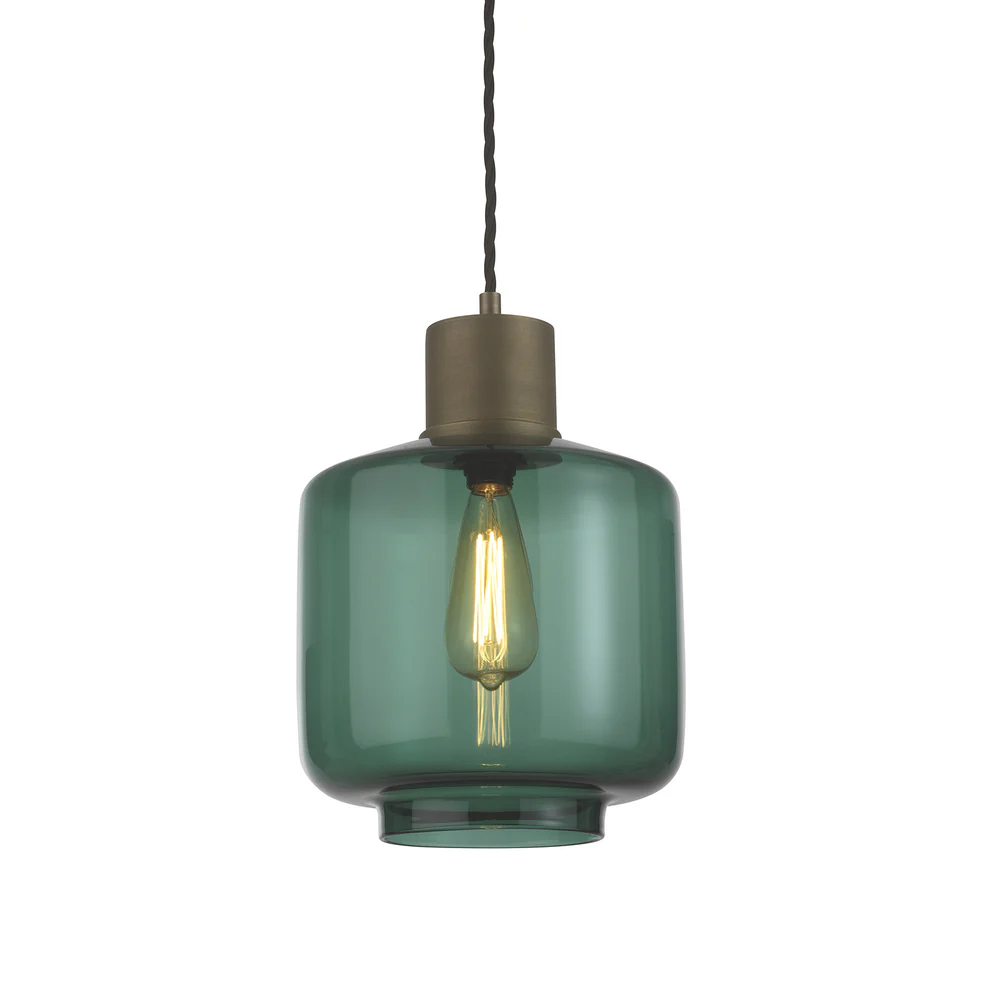Northern Light - Warner Pendant Ceiling Lights - Teal Brass Medium Finish - Teal Glass Shade