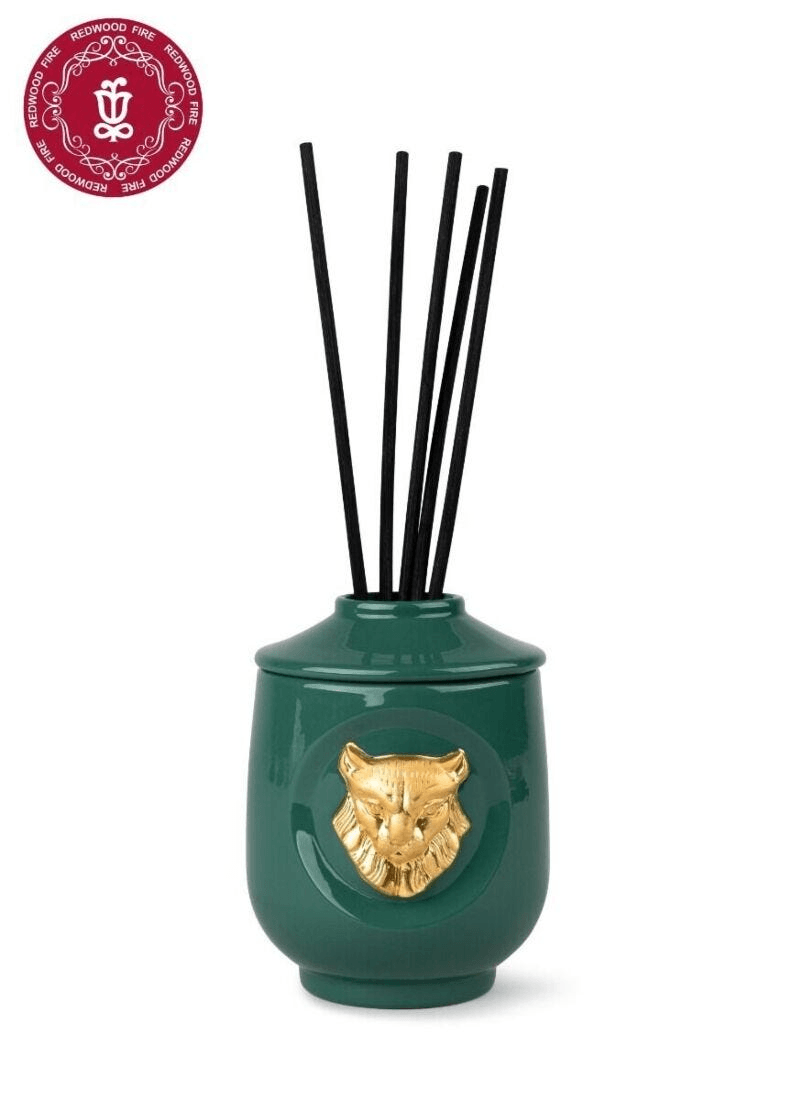 Lladró - Lynx Perfume Diffuser Luxurious Animals - Redwood Fire Scent with green porcelain and golden etched animal design.