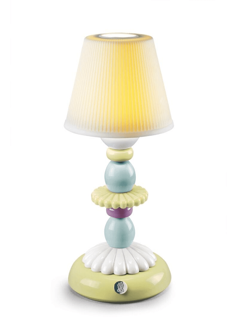 Lladró - Lotus Firefly Table Lamp - Green and Blue with colorful porcelain design and glow.