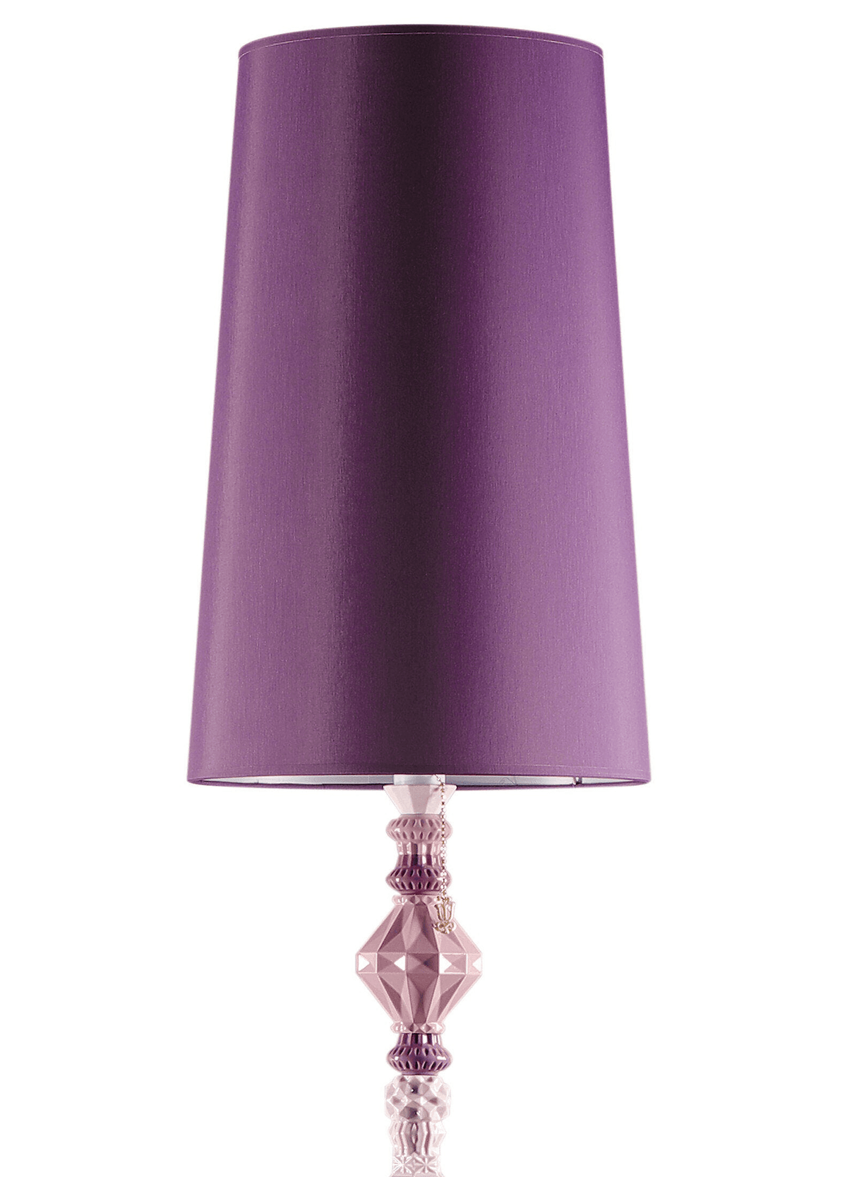 Lladró - Belle de Nuit Floor Lamp II - Pink. Elegant Lladro Porcelain lamp with a tall purple shade and geometric pink base.